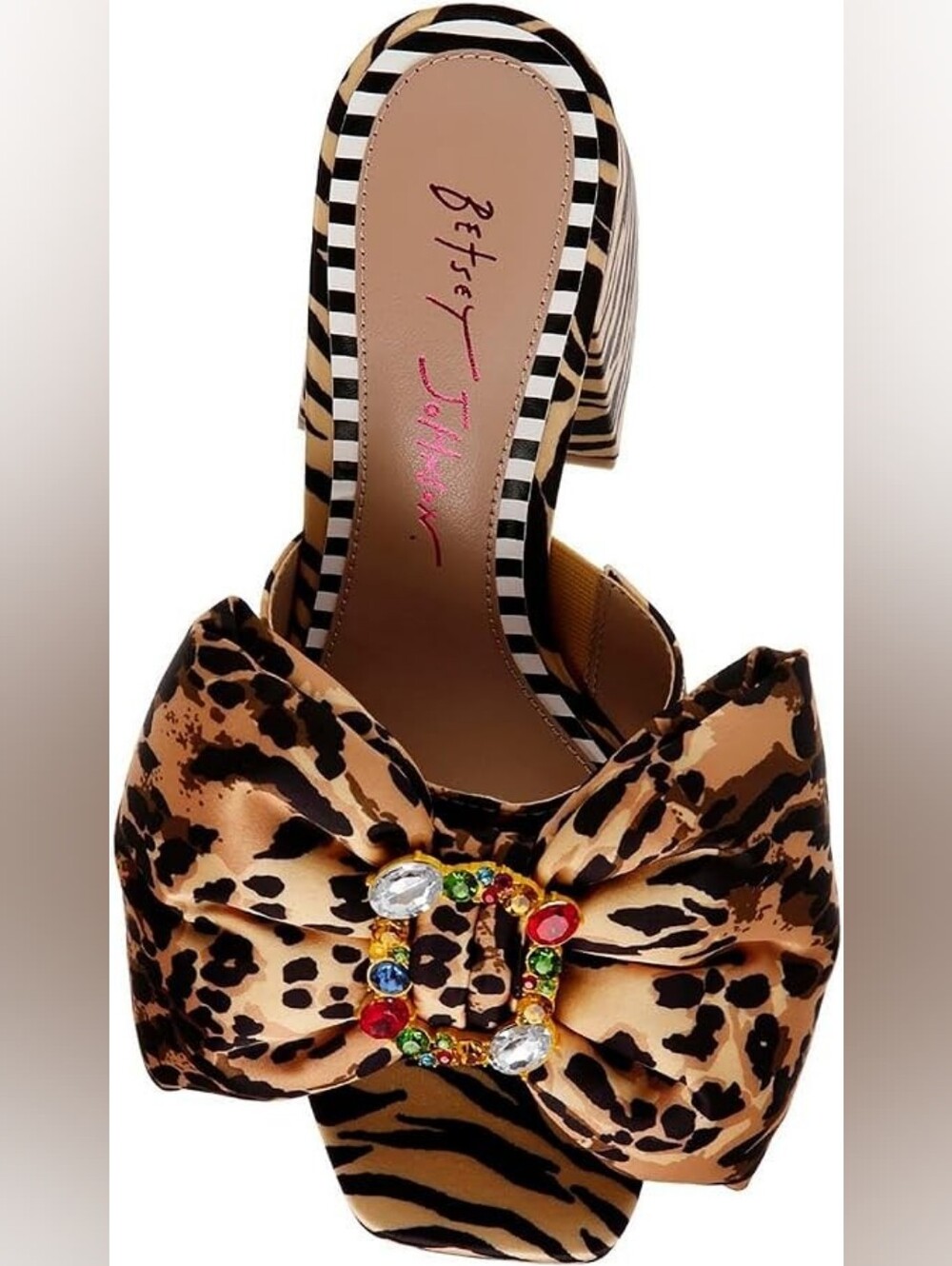 Betsey Johnson Leopard Print Bow Slides with Multicolor Jewel Accent Size 7